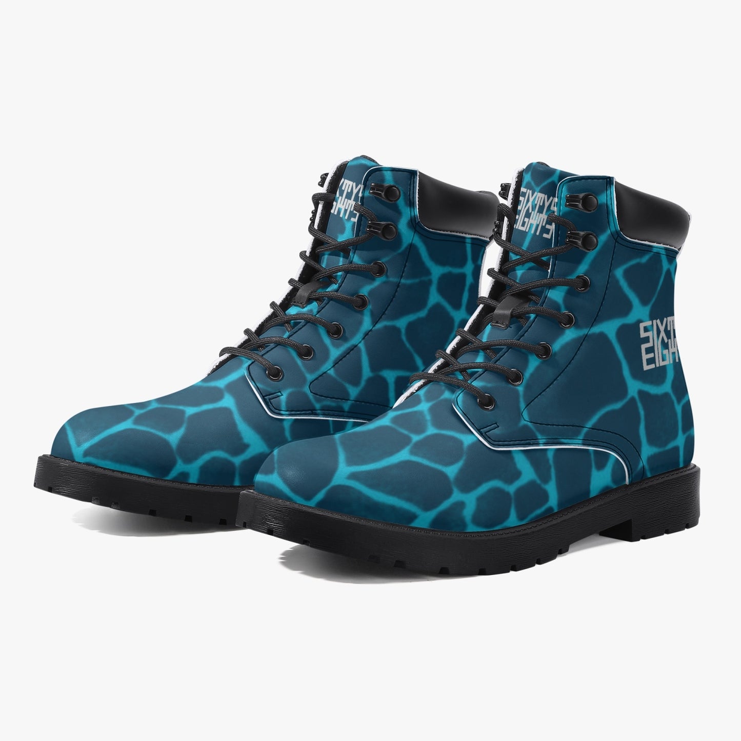 Sixty Eight 93 Logo White Boa Dark Teal Aqua Blue Leather Boots