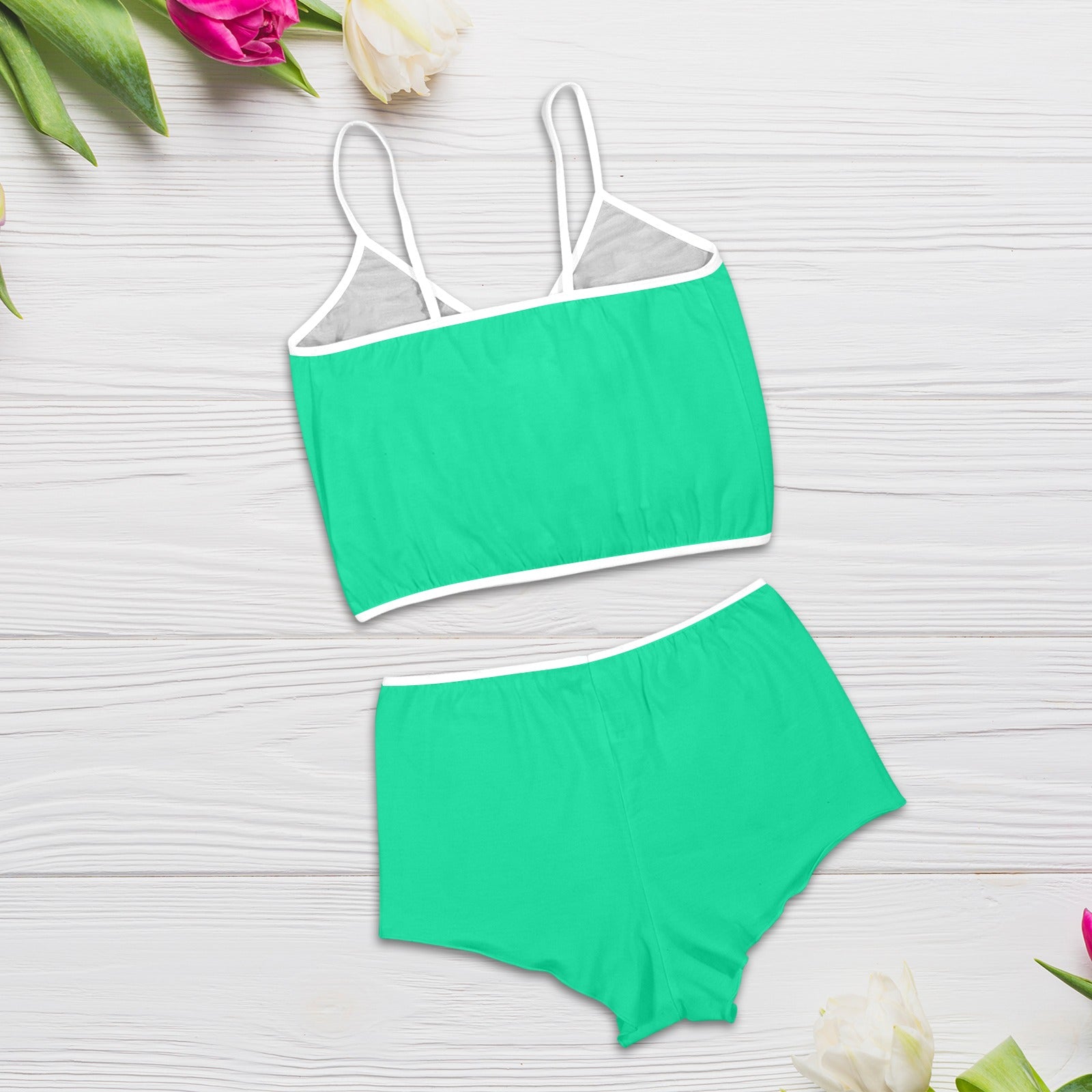 Sixty Eight 93 Logo White Sea Green Women's Rose Button Crop Cami Pajama Set