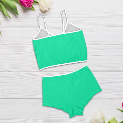 Sixty Eight 93 Logo White Sea Green Women's Rose Button Crop Cami Pajama Set