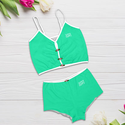Sixty Eight 93 Logo White Sea Green Women's Rose Button Crop Cami Pajama Set