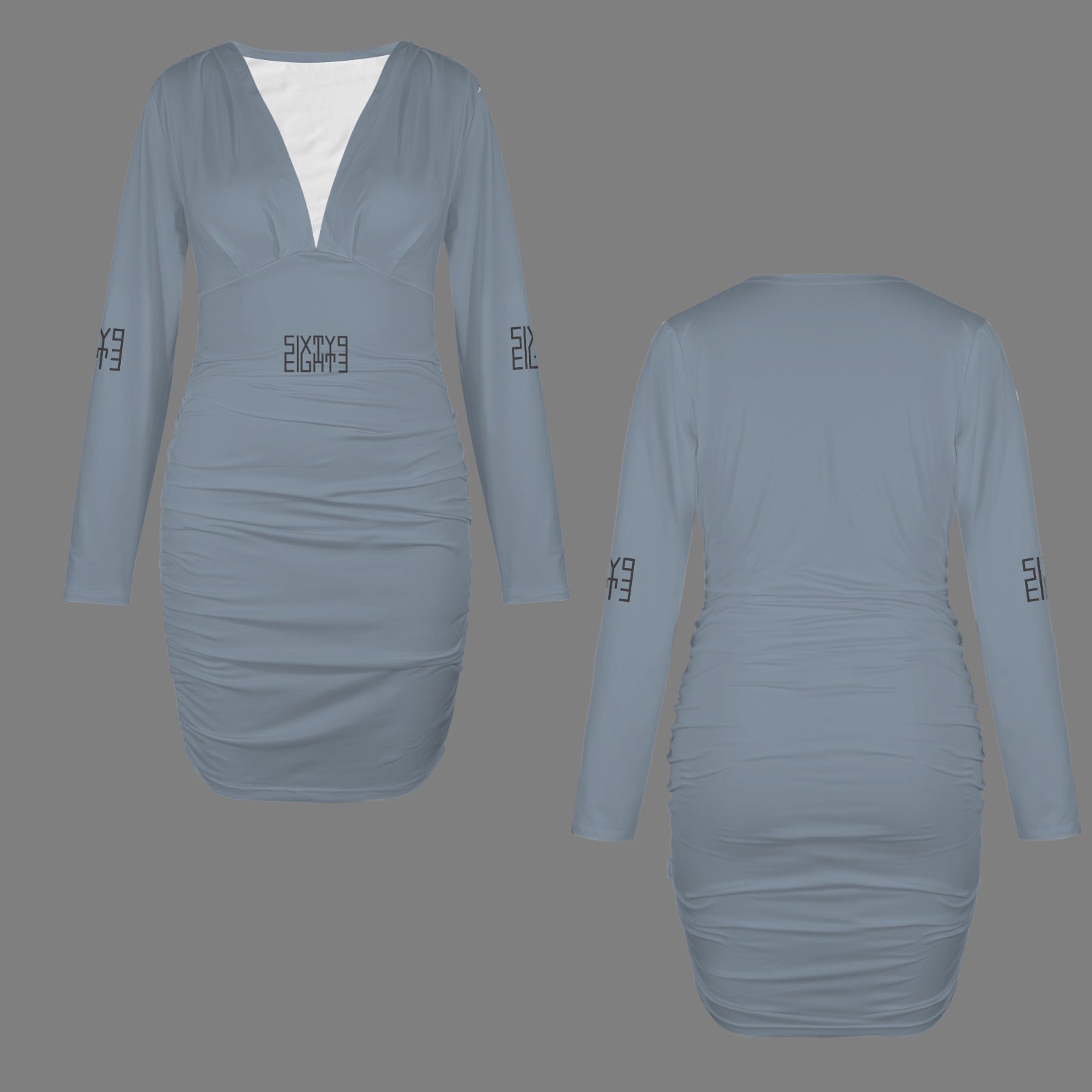 Sixty Eight 93 Logo Black Slate Grey Long Sleeve Deep V-Neck Ruched Bodycon Dress