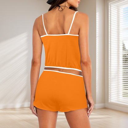 Sixty Eight 93 Logo White Orange Women's Rose Button Crop Cami Pajama Set