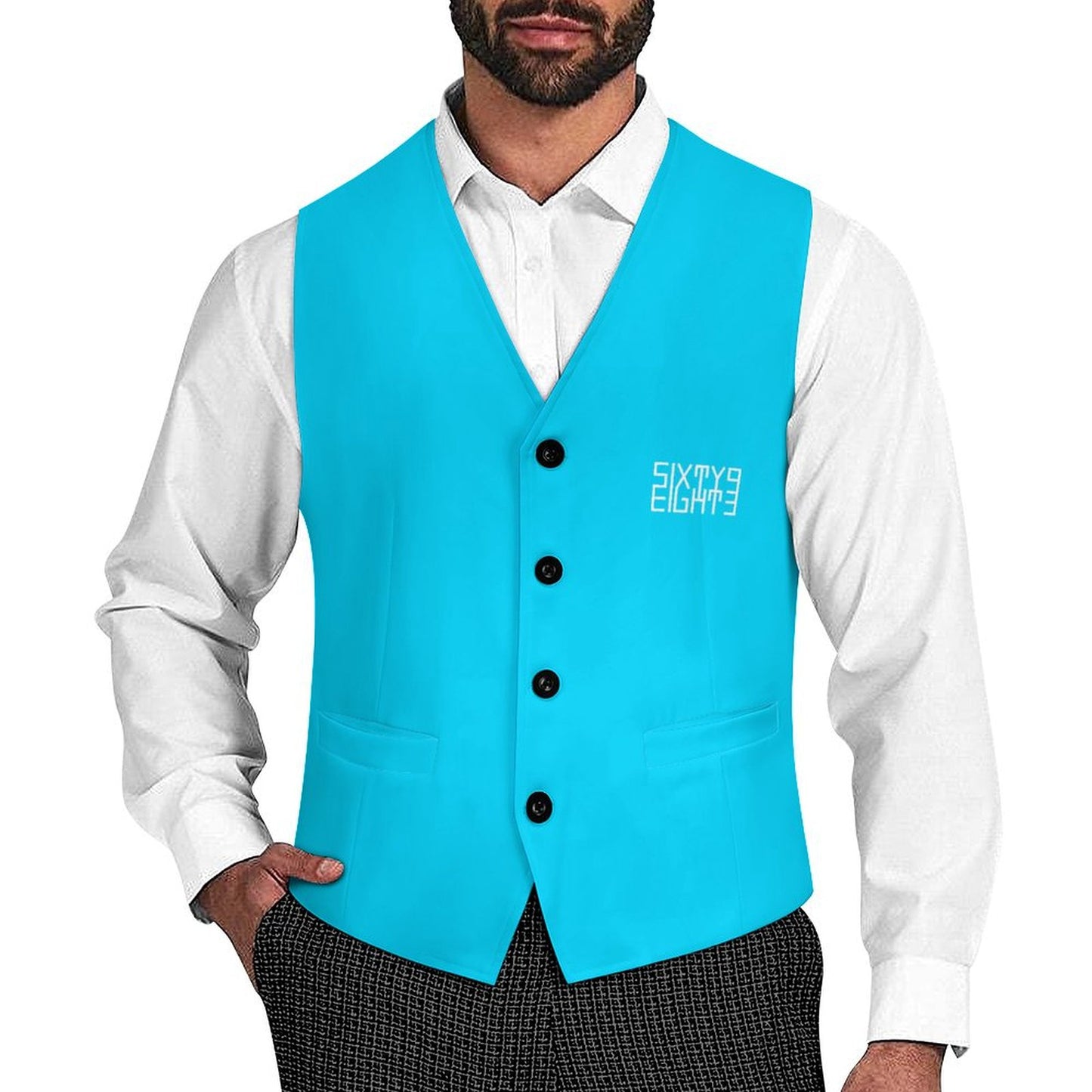 Sixty Eight 93 Logo White Aqua Blue Men's Sleeveless Suit Vest