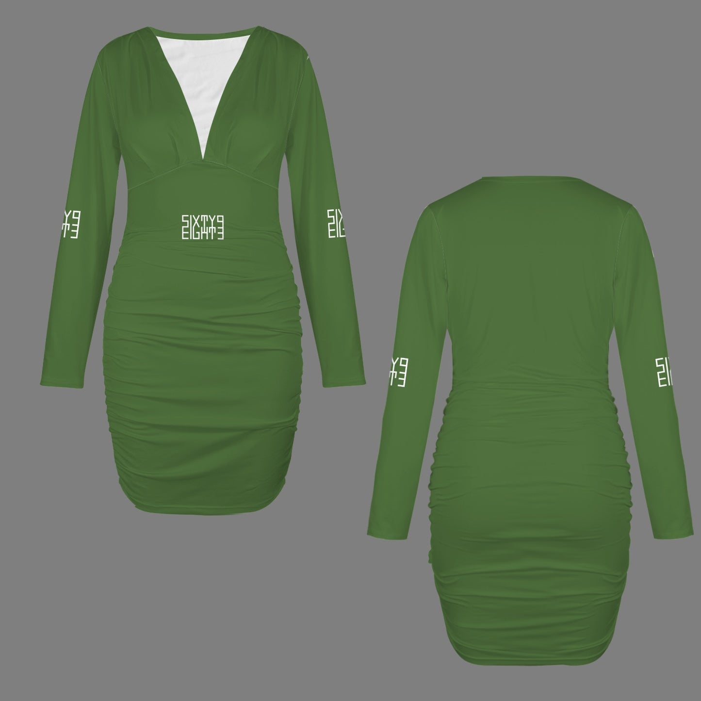 Sixty Eight 93 Logo White Forest Green Long Sleeve Deep V-Neck Ruched Bodycon Dress