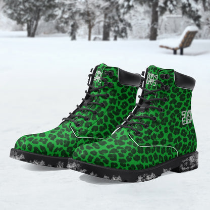 Sixty Eight 93 Logo White Cheetah Lime Green Leather Boots