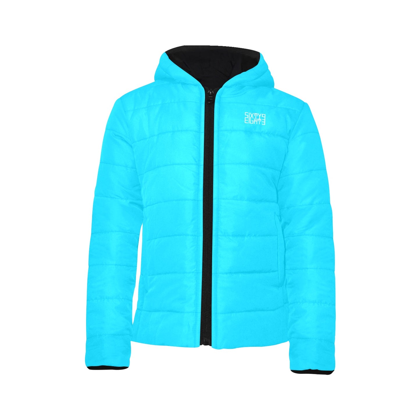 Sixty Eight 93 Logo White Aqua Blue Girl's Hooded Long Sleeve Cotton Padded Jacket