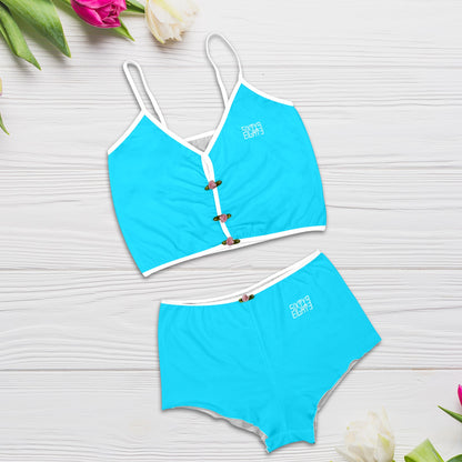 Sixty Eight 93 Logo White Aqua Blue Women's Rose Button Crop Cami Pajama Set