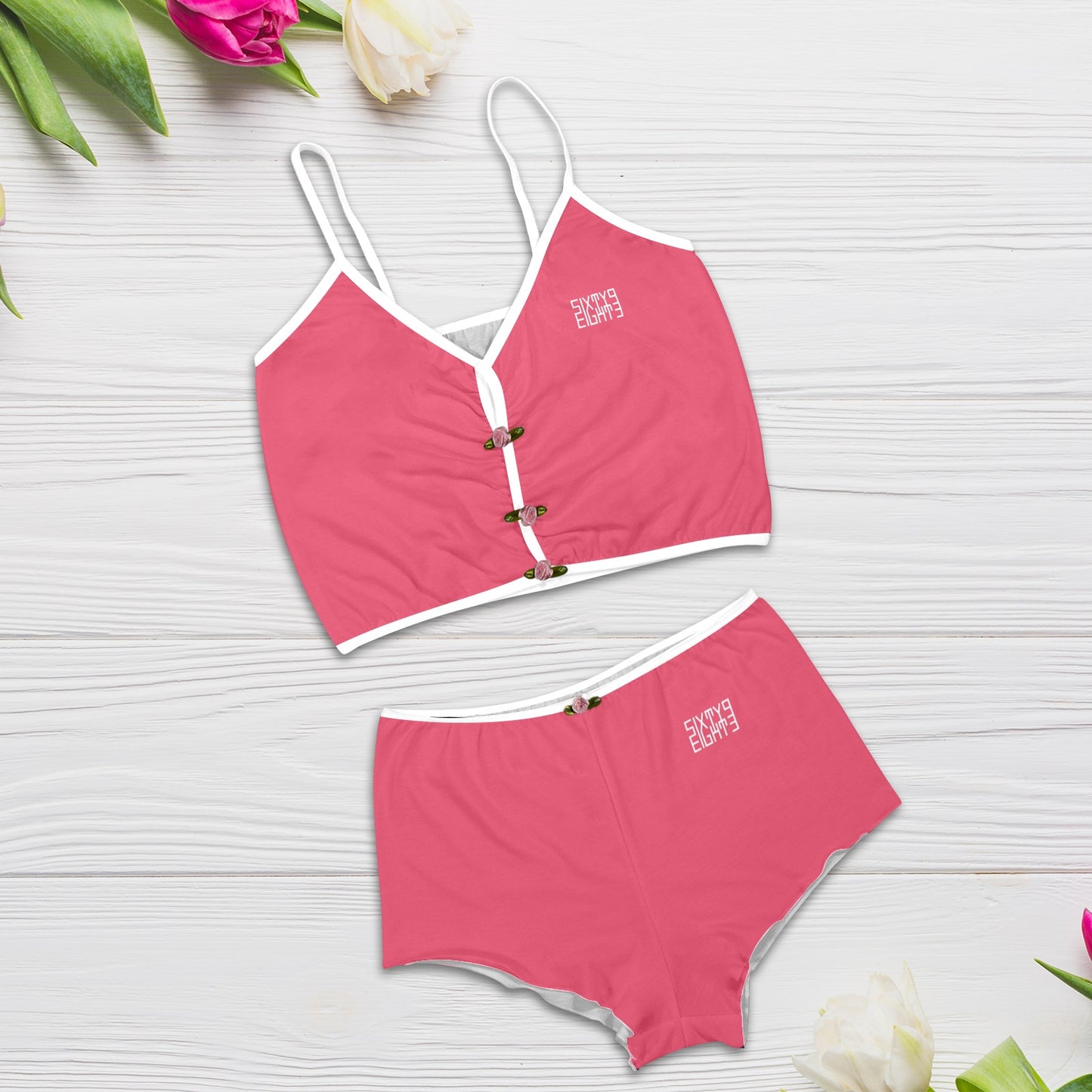 Sixty Eight 93 Logo White Paradise Pink Women's Rose Button Crop Cami Pajama Set