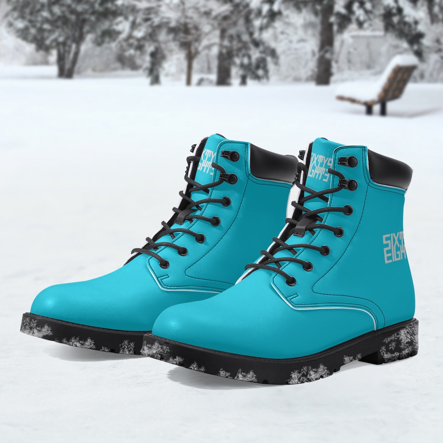 Sixty Eight Logo White Aqua Blue Leather Boots