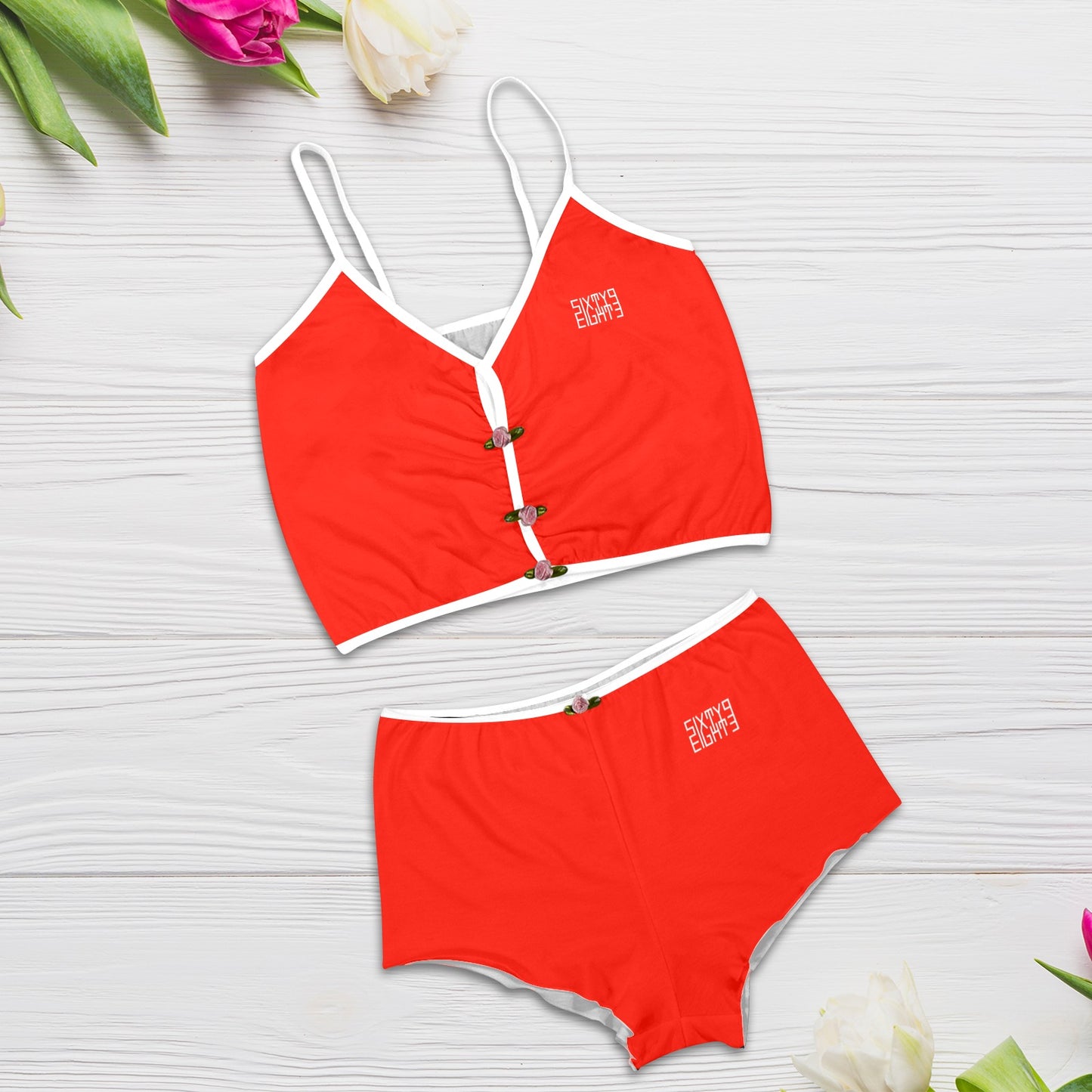 Sixty Eight 93 Logo White Red Women's Rose Button Crop Cami Pajama Set