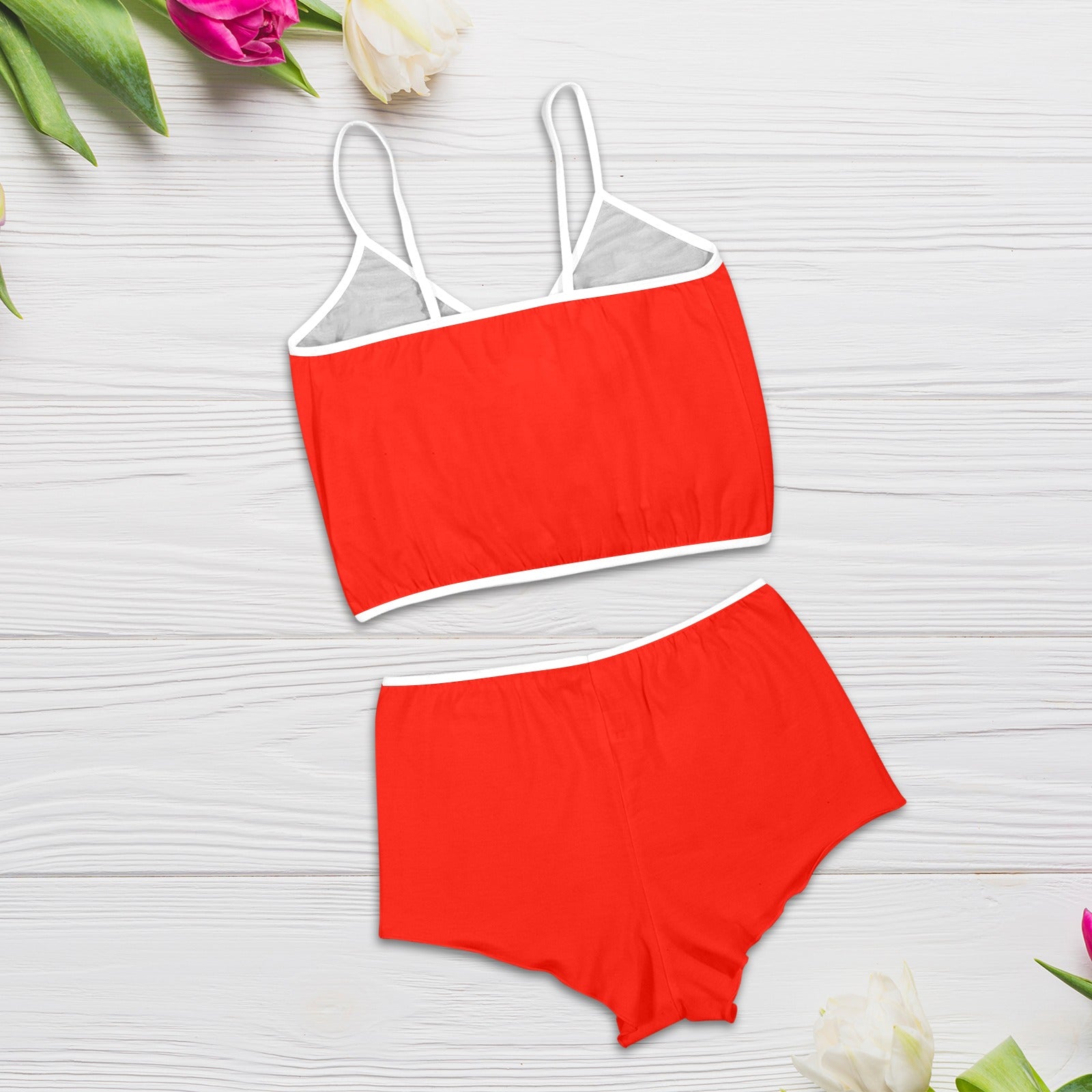 Sixty Eight 93 Logo White Red Women's Rose Button Crop Cami Pajama Set