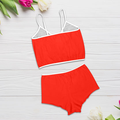 Sixty Eight 93 Logo White Red Women's Rose Button Crop Cami Pajama Set