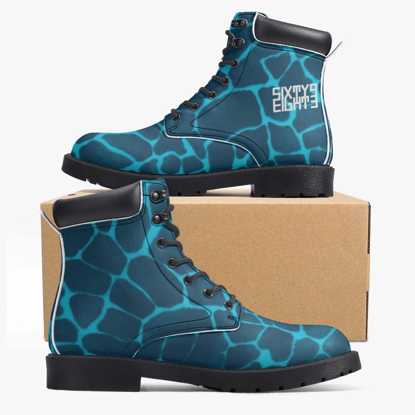 Sixty Eight 93 Logo White Boa Dark Teal Aqua Blue Leather Boots