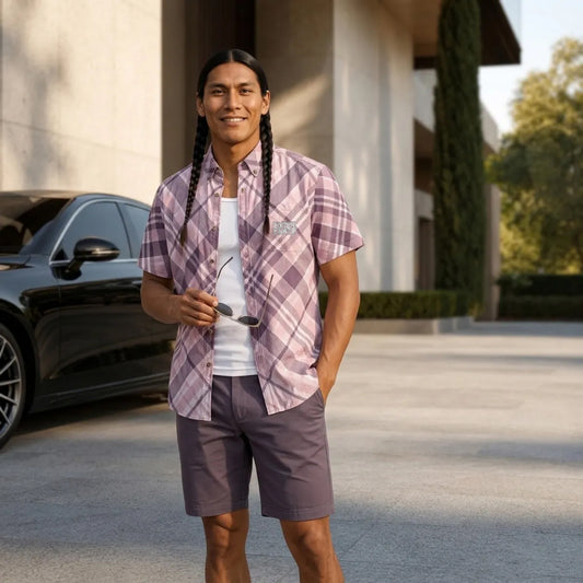 Sixty Eight 93 Logo White & Black Lavender Plaid Cotton Button Up Shirt