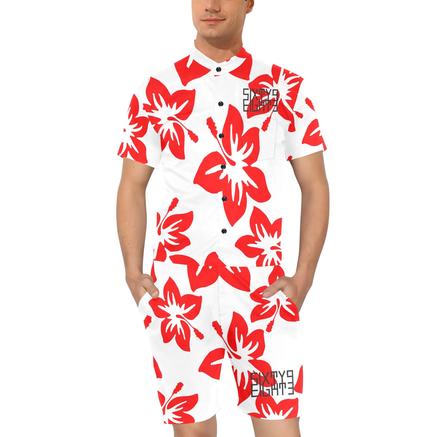 Sixty Eight 93 Logo Black Hibiscus Red & White Men's Short Sleeve Jumpsuit
