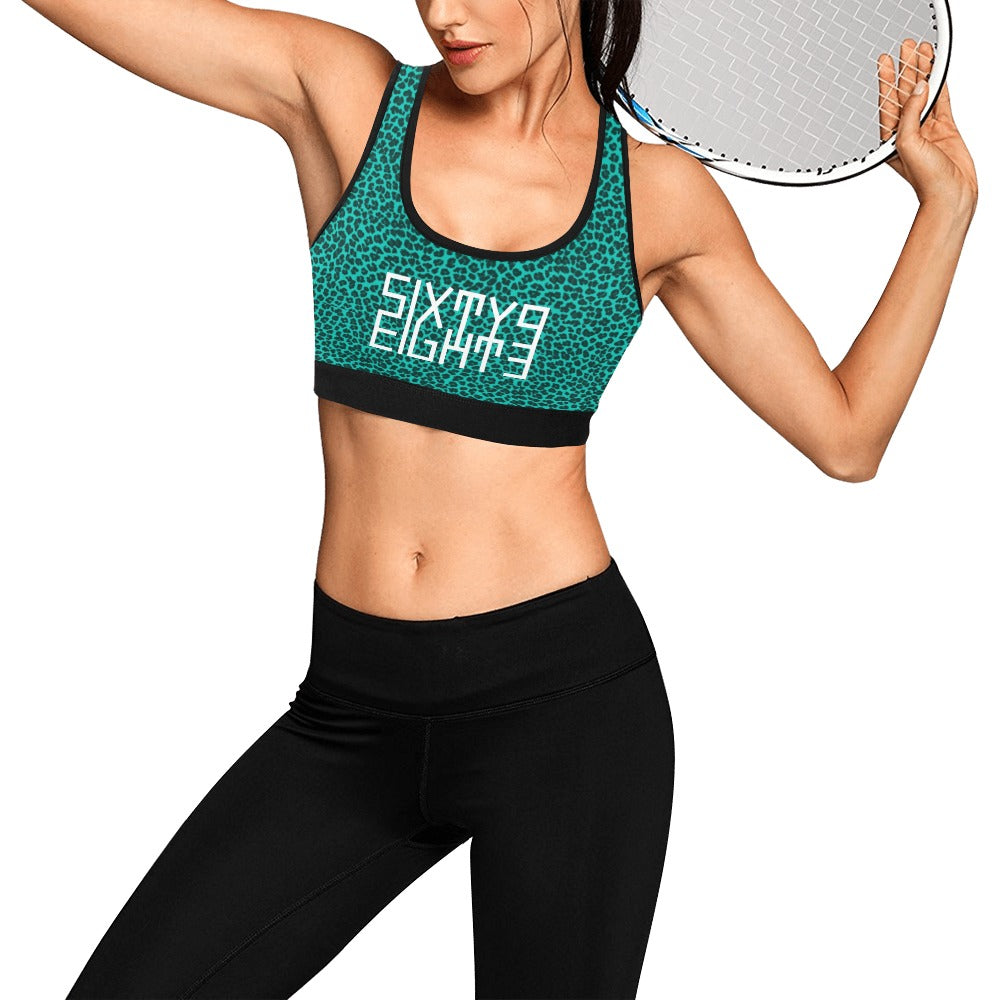 Sixty Eight 93 Logo White Cheetah Aqua Blue Sports Bra