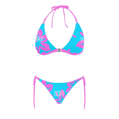 Sixty Eight 93 Logo White Hibiscus Pink & Aqua Blue Halter Bikini Swimsuit