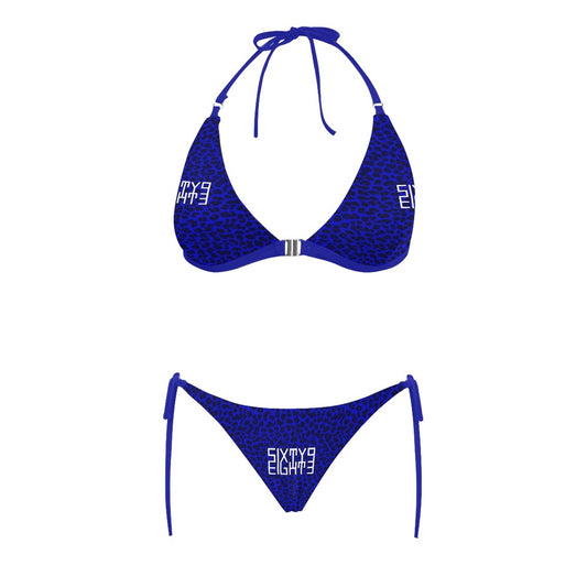 Sixty Eight 93 Logo White Cheetah Blue Halter Bikini Swimsuit