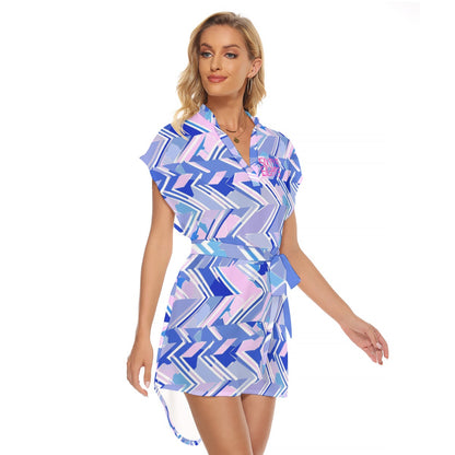 Sixty Eight 93 Upper Logo Fuchsia & White Women's Stand-Up Collar Casual Dress With Belt #14