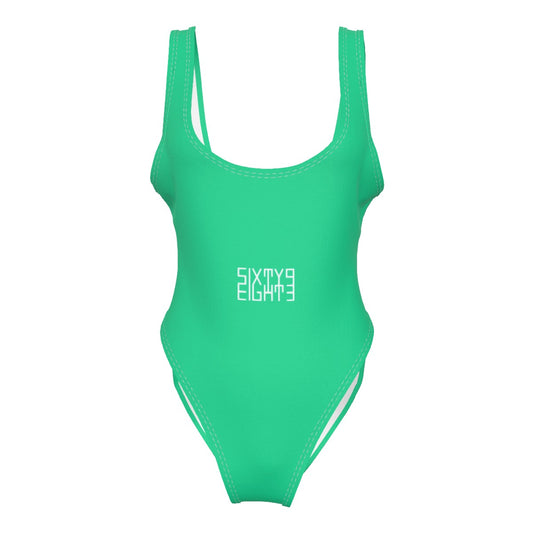 Sixty Eight 93 Logo White Sea Green Women's High Cut One-Piece Swimsuit