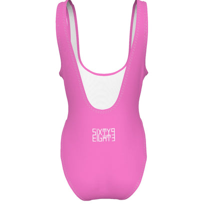 Sixty Eight 93 Logo White Pink Women's High Cut One-Piece Swimsuit