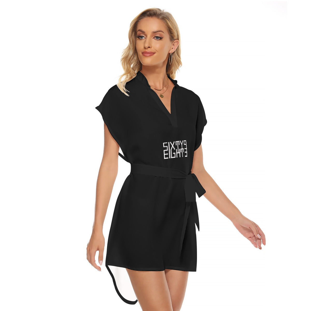 Sixty Eight 93 Logo White Black Women's Stand-Up Collar Casual Dress With Belt