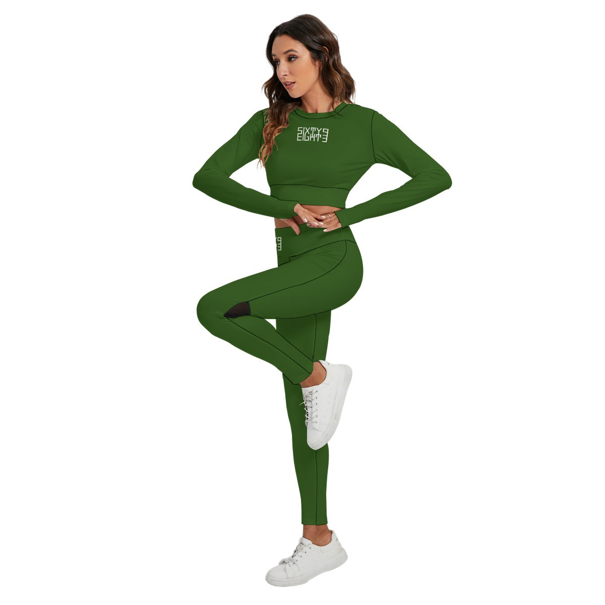 Sixty Eight 93 Logo White Forest Green Women's Sport Set With Backless Top And Leggings
