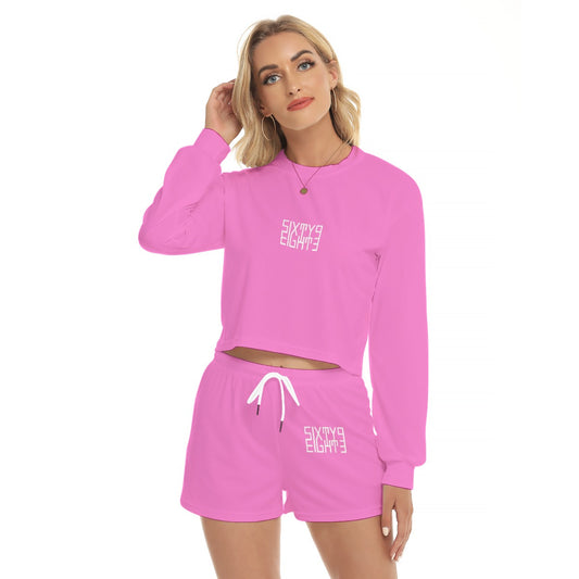 Sixty Eight 93 Logo White Pink Women's Short Sweatshirt And Pants Set