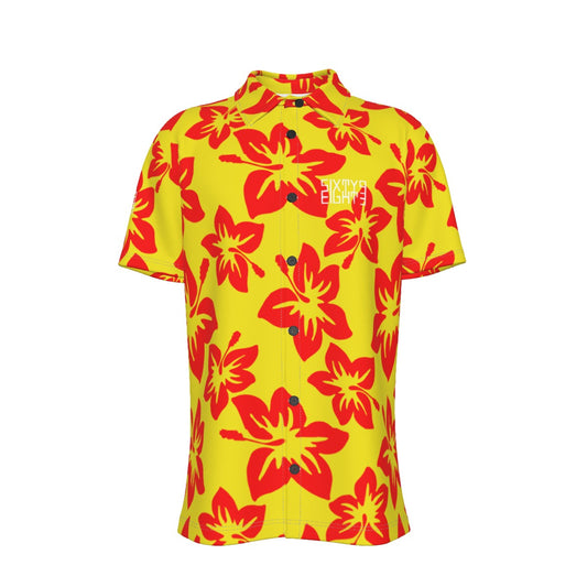 Sixty Eight 93 Logo White Hibiscus Red & Yellow Button Up Shirt
