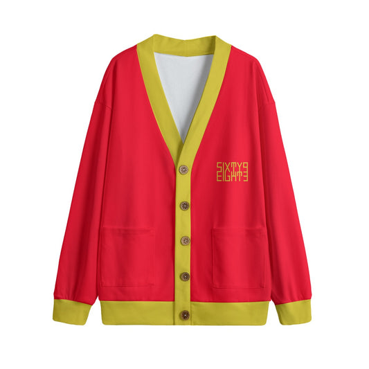 Sixty Eight 93 Logo Gold & Red Unisex V-Neck Knitted Fleece Cardigan