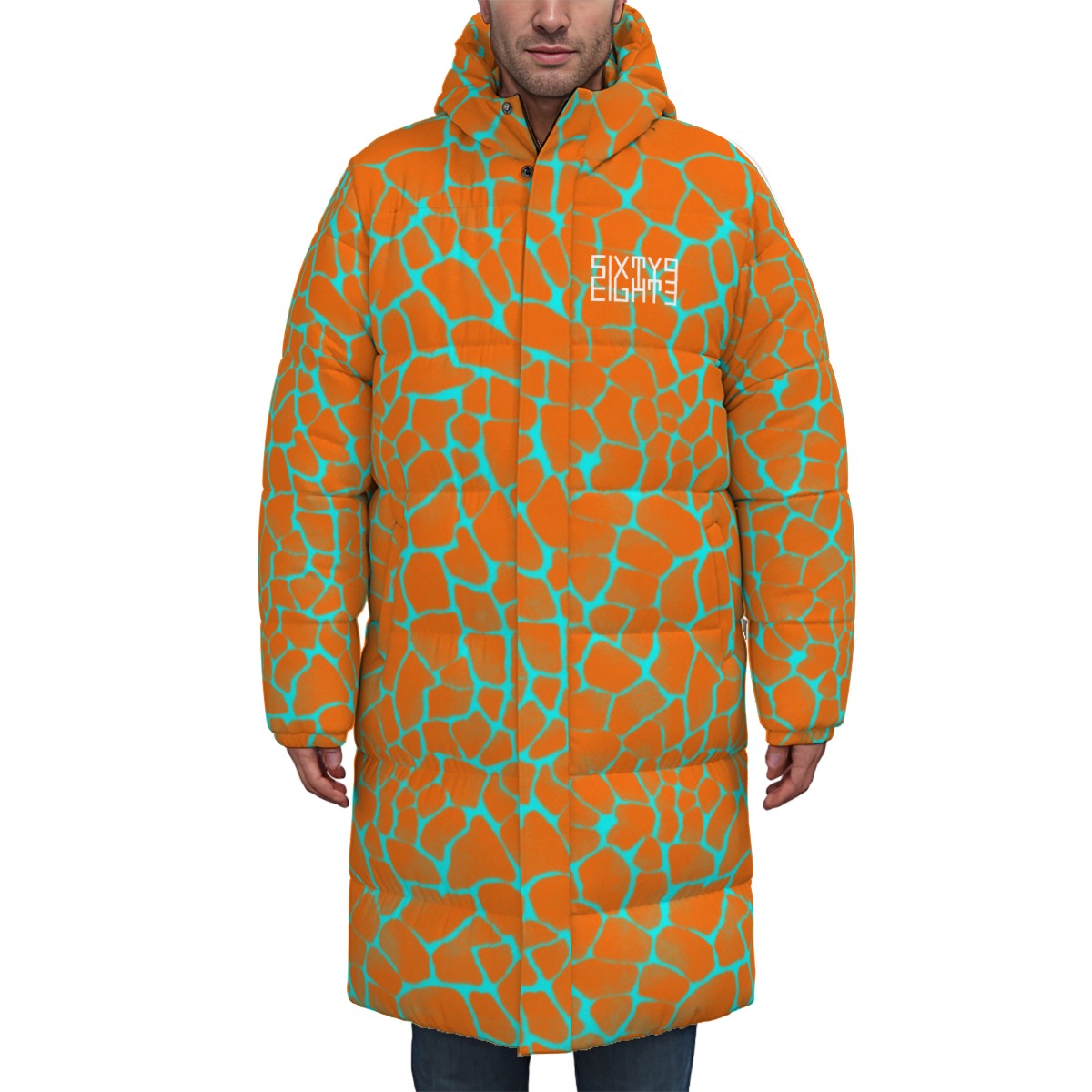 Sixty Eight 93 Logo White Boa Orange & Aqua Blue Unisex Puff Long Down Jacket