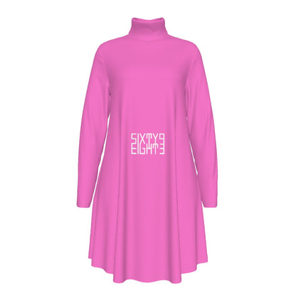 Sixty Eight 93 Logo White Pink Women's High Neck Long Sleeve Dress #24