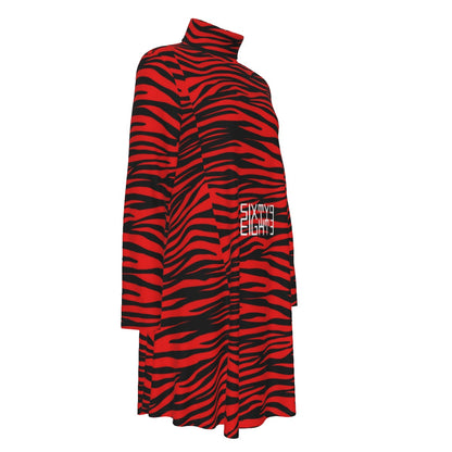 Sixty Eight 93 Logo White Zebra Red Women's High Neck Long Sleeve Dress #21