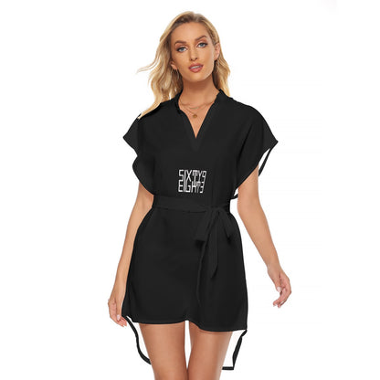 Sixty Eight 93 Logo White Black Women's Stand-Up Collar Casual Dress With Belt