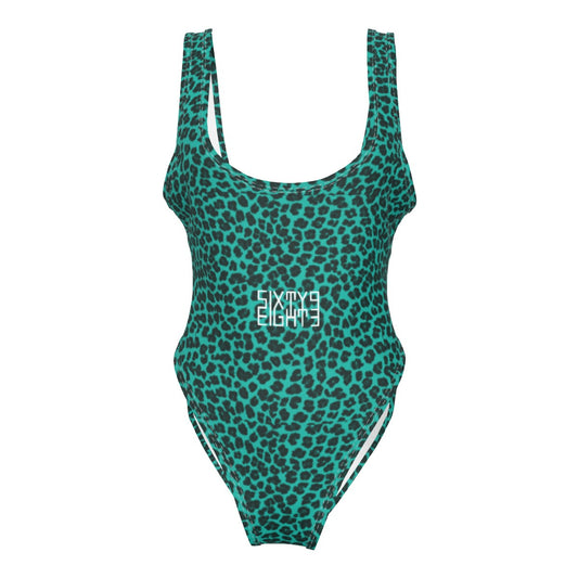 Sixty Eight 93 Logo White Cheetah Aqua Blue Women's High Cut One-Piece Swimsuit