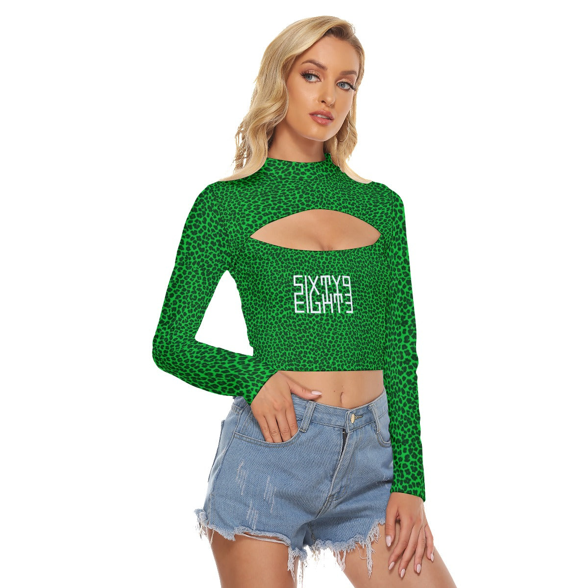 Sixty Eight 93 Logo White Cheetah Lime Green Women's Hollow Chest Keyhole Tight Crop Top
