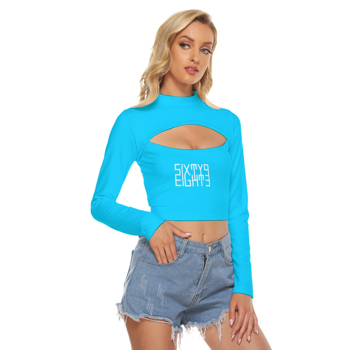 Sixty Eight 93 Logo White Aqua Blue Women's Hollow Chest Keyhole Tight Crop Top