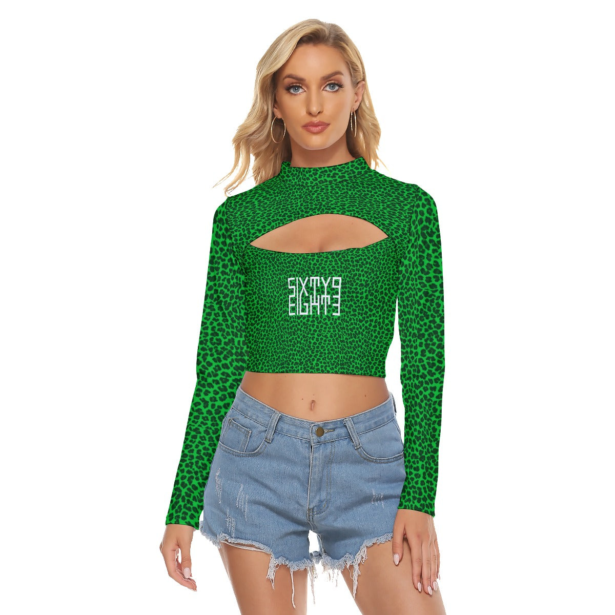 Sixty Eight 93 Logo White Cheetah Lime Green Women's Hollow Chest Keyhole Tight Crop Top
