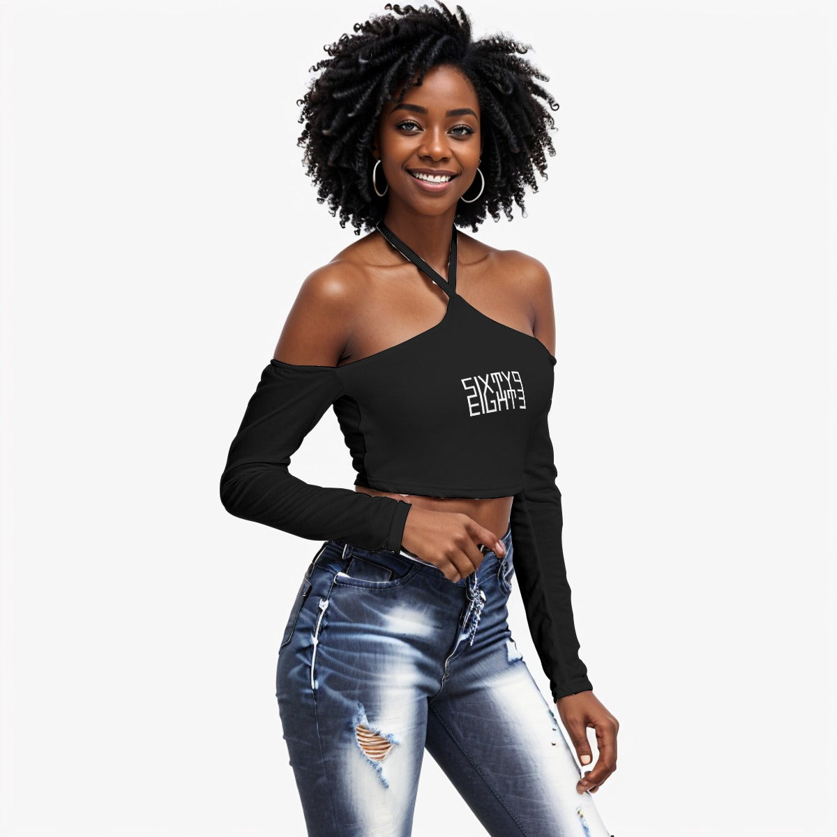 Sixty Eight 93 Logo White Black Women's Halter Lace-Up Top