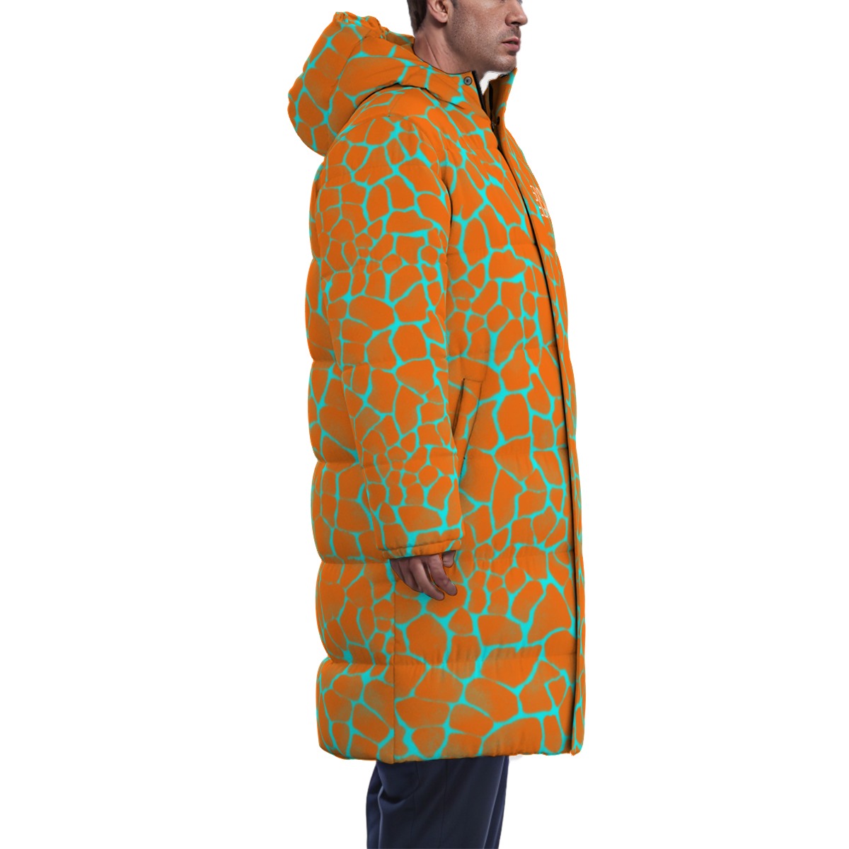 Sixty Eight 93 Logo White Boa Orange & Aqua Blue Unisex Puff Long Down Jacket