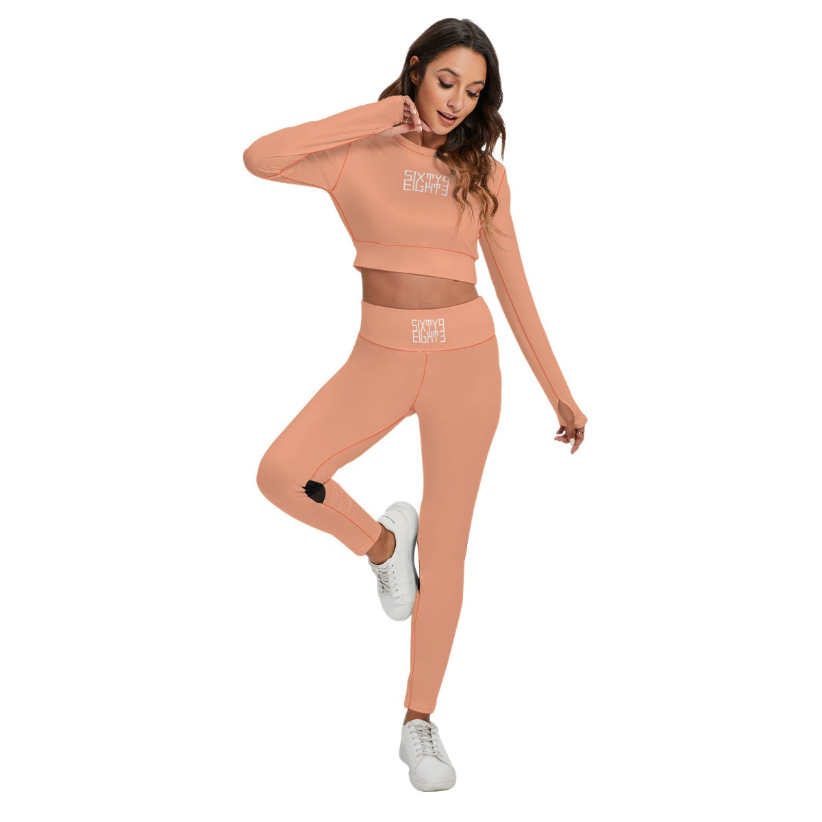 Sixty Eight 93 Logo White Peach Women's Sport Set With Backless Top And Leggings