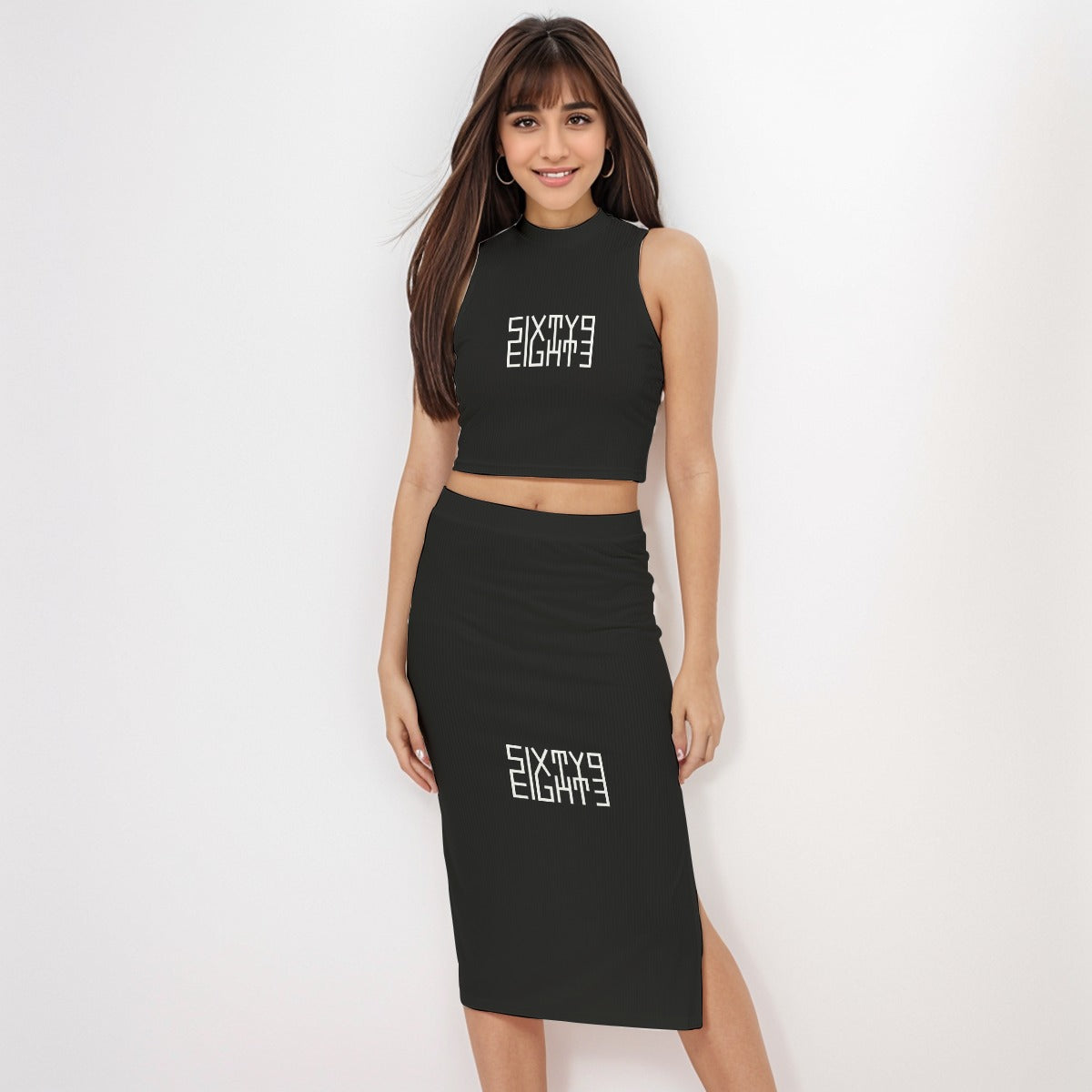 Sixty Eight 93 Logo White Black Women's Tank Top & Split High Skirt Set