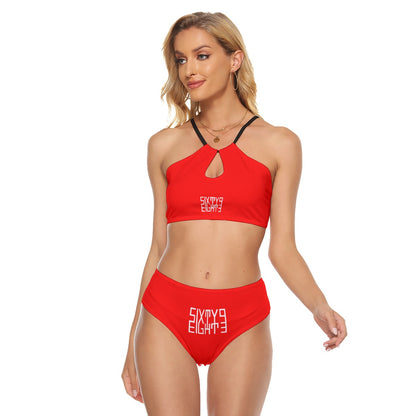 Sixty Eight 93 Logo White Red Women's Cami Keyhole Two-Piece Swimsuit