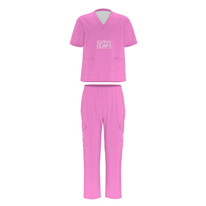 Sixty Eight 93 Logo White Pink Unisex Scrub Set With Six Pockets