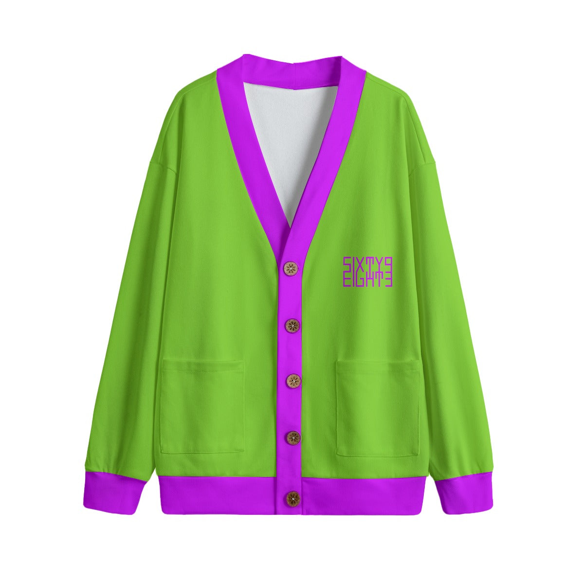 Sixty Eight 93 Logo Grape & Green Apple Unisex V-Neck Knitted Fleece Cardigan