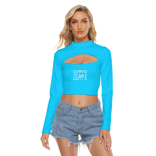 Sixty Eight 93 Logo White Aqua Blue Women's Hollow Chest Keyhole Tight Crop Top