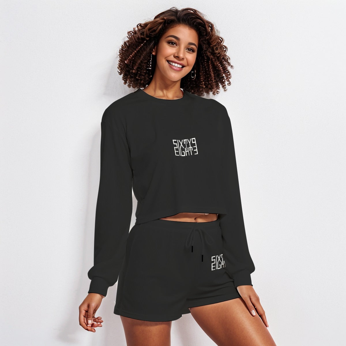 Sixty Eight 93 Logo White Black Women's Short Sweatshirt And Pants Set