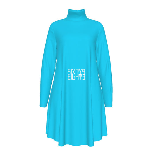 Sixty Eight 93 Logo White Aqua Blue Women's High Neck Long Sleeve Dress #22