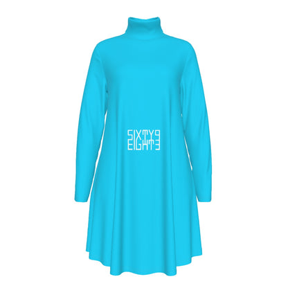 Sixty Eight 93 Logo White Aqua Blue Women's High Neck Long Sleeve Dress #22