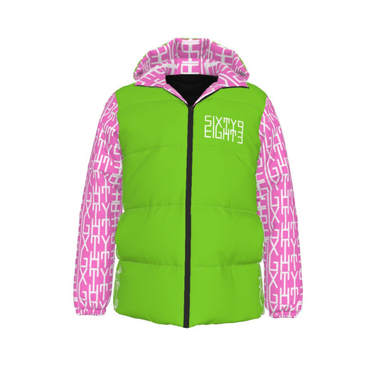 Sixty Eight 93 Infinity Logo White Green Apple & Pink Unisex Hooded Puffer Jacket